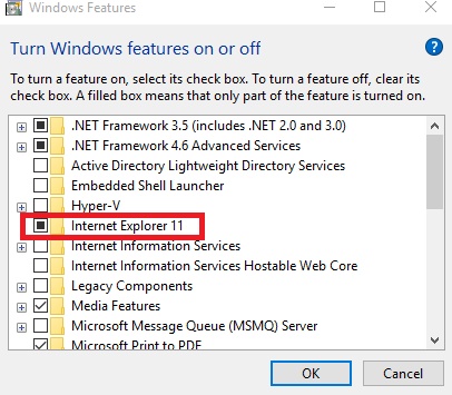 how to turn internet explorer back on windows 10