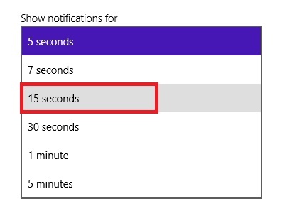 How to change notifications time of Apps in Windows 8.1? show notification time in windows 8.1