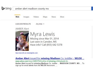 Bing supports in the search for missing children with AMBER alerts Bing supporting AMBER ALerts