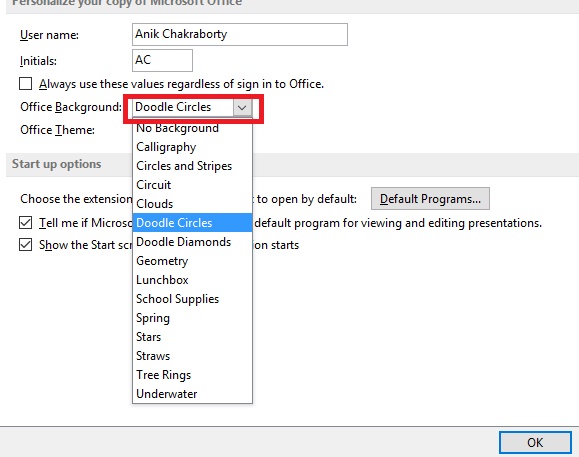 How to change the default theme in MS Office 2013? MS Office Theme