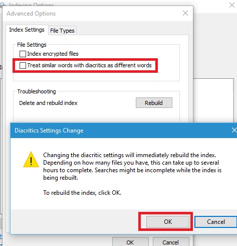 How to enable Indexing of same words with diacritics as different words in Windows 10?