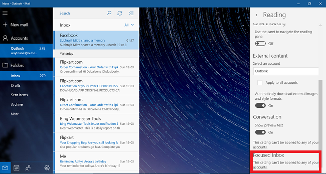 how to show focused inbox in windows 10 mail app