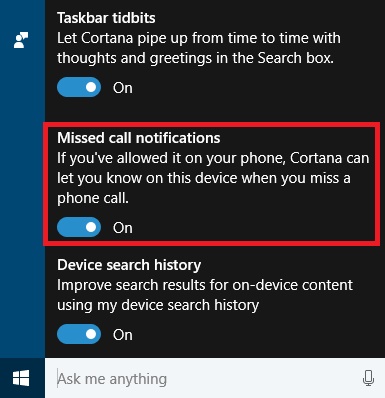 How to Turn On/Off Missed Call Notifications in Windows 10 Cortana?