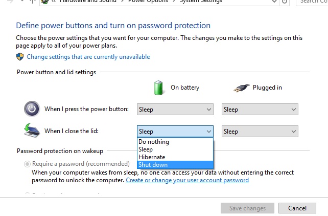 How to Enable Shut Down Windows when the laptop lid is closed in Windows 10?