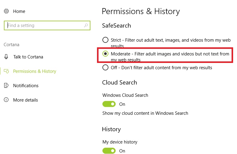 How To Set Strict Filter SafeSearch in Cortana for Windows 10?