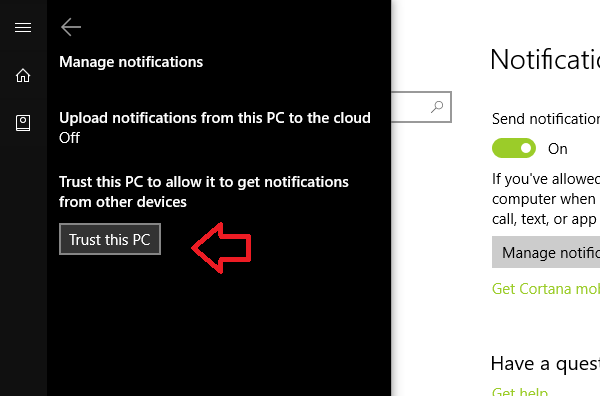How to Enable Cortana To Trust The Device To Allow It To Get Notifications From Other Devices?