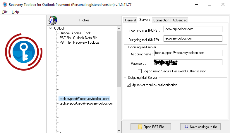 password of outlook data