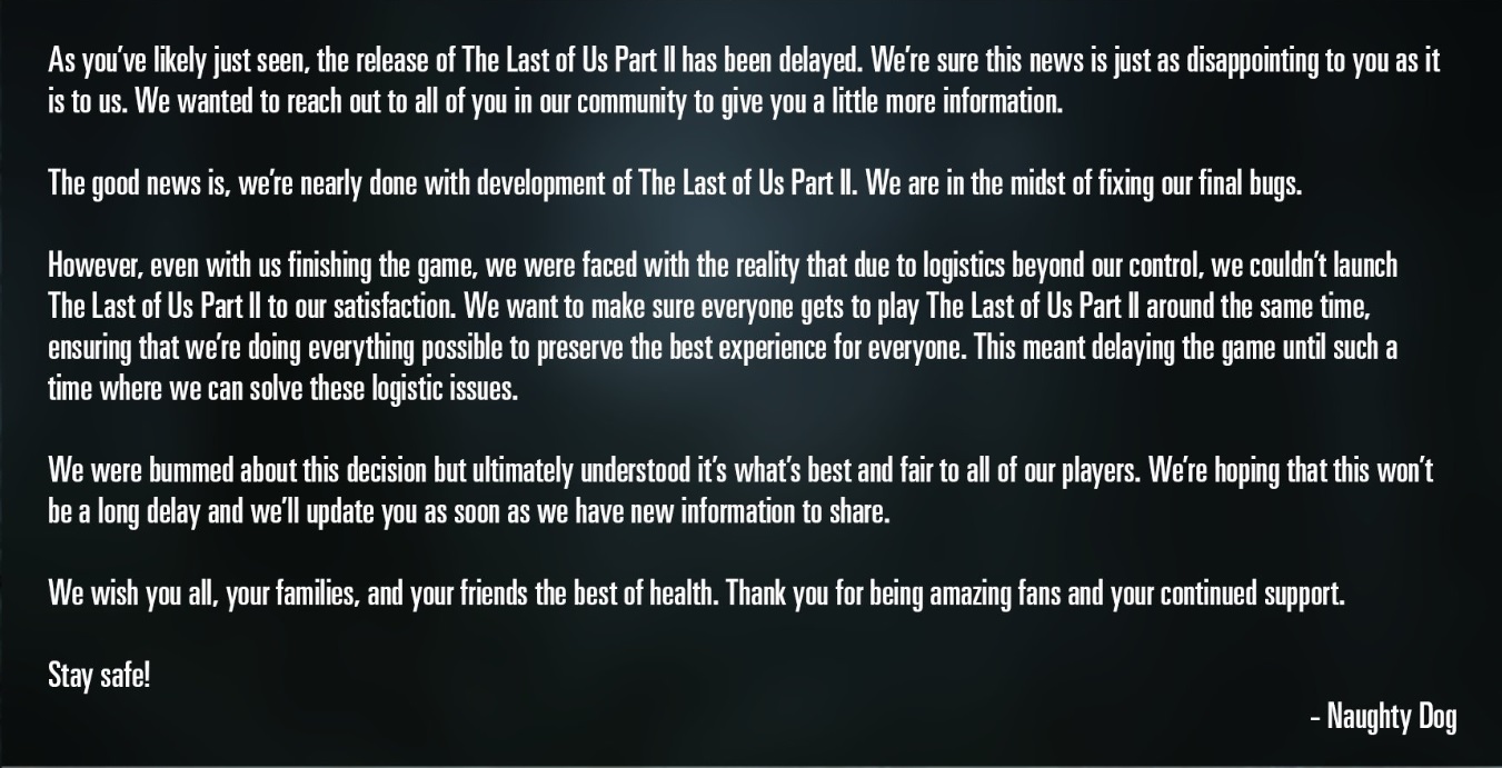 The Last Of Us II Postponed Indefinitely For COVID-19 Outbreak