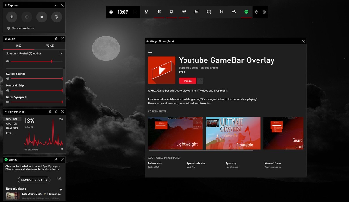 Picture-in-Picture YouTube widget in Xbox game bar on Windows PC
