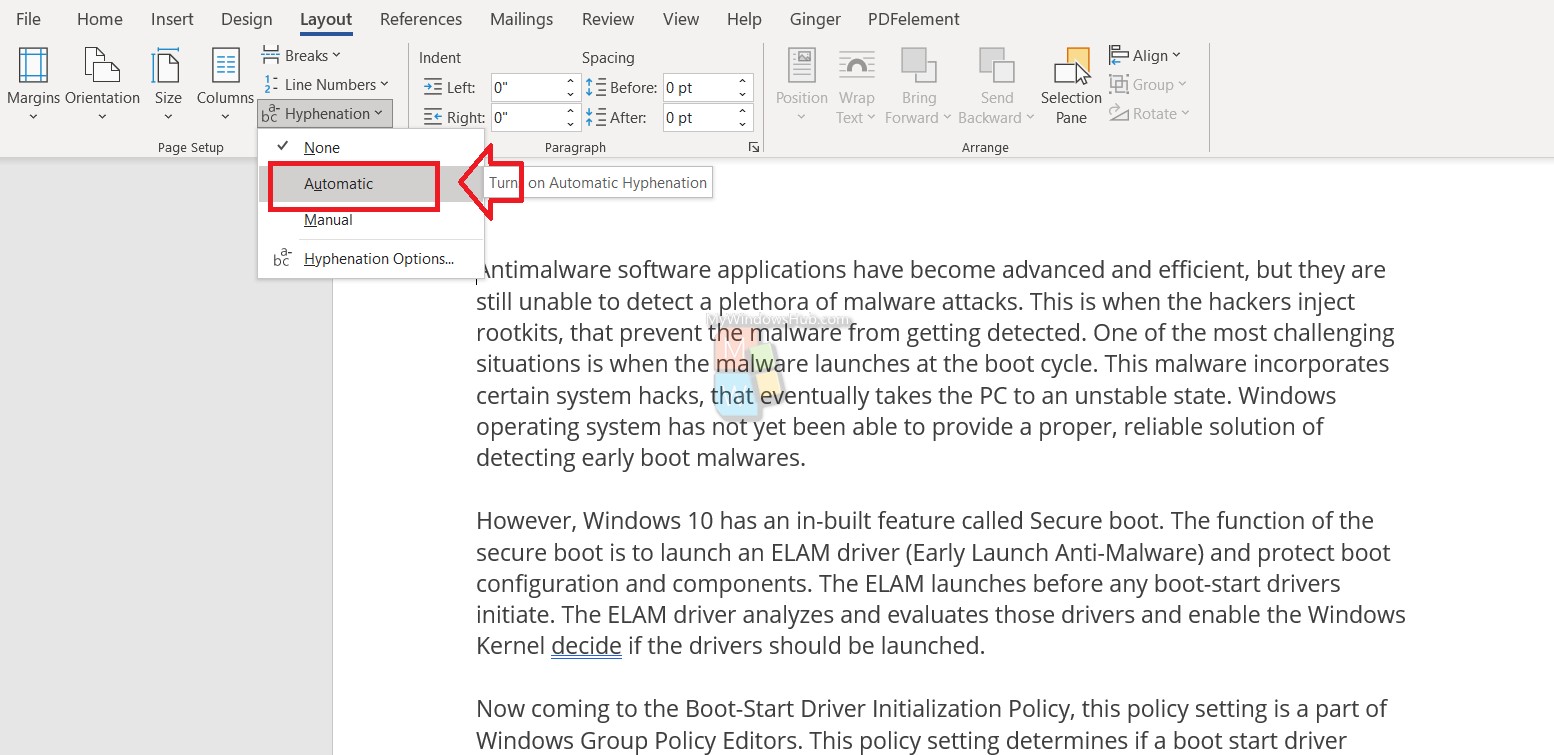 turn on automatic hyphenation in word 2010