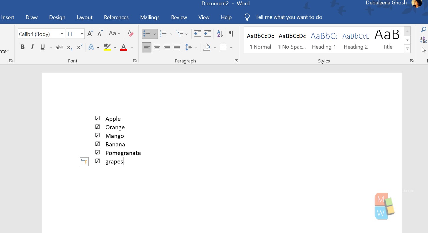 checkbox ms word created