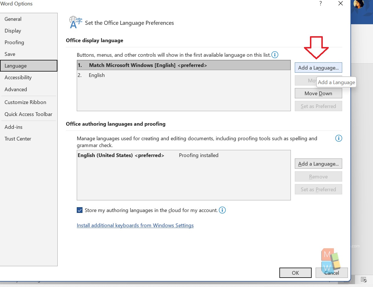Add a Language beside Office authoring languages and proofing